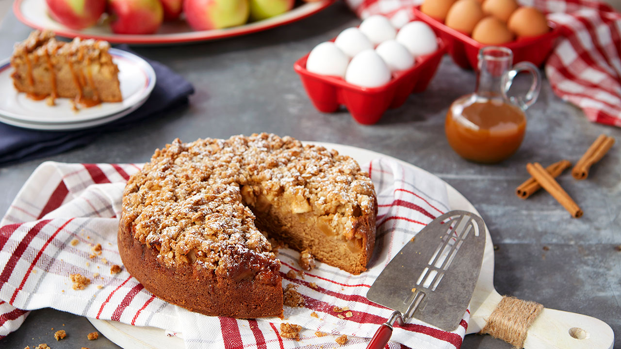 Apple Crumb Coffee Cake + Caramel Drizzle | Life Made Simple Bakes
