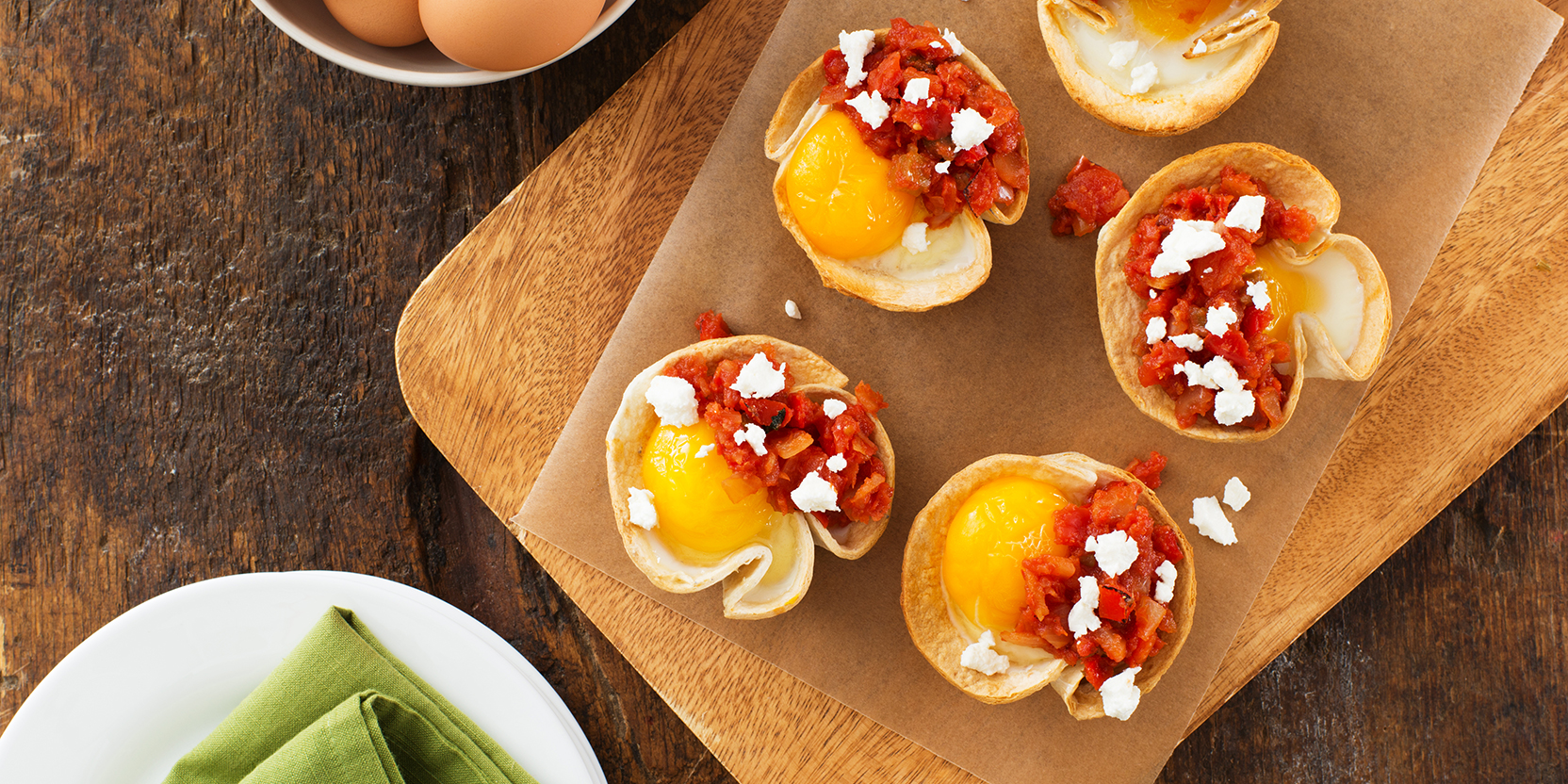 Baked Eggs in Tortilla Cups with Goat Cheese - Eggs.ca