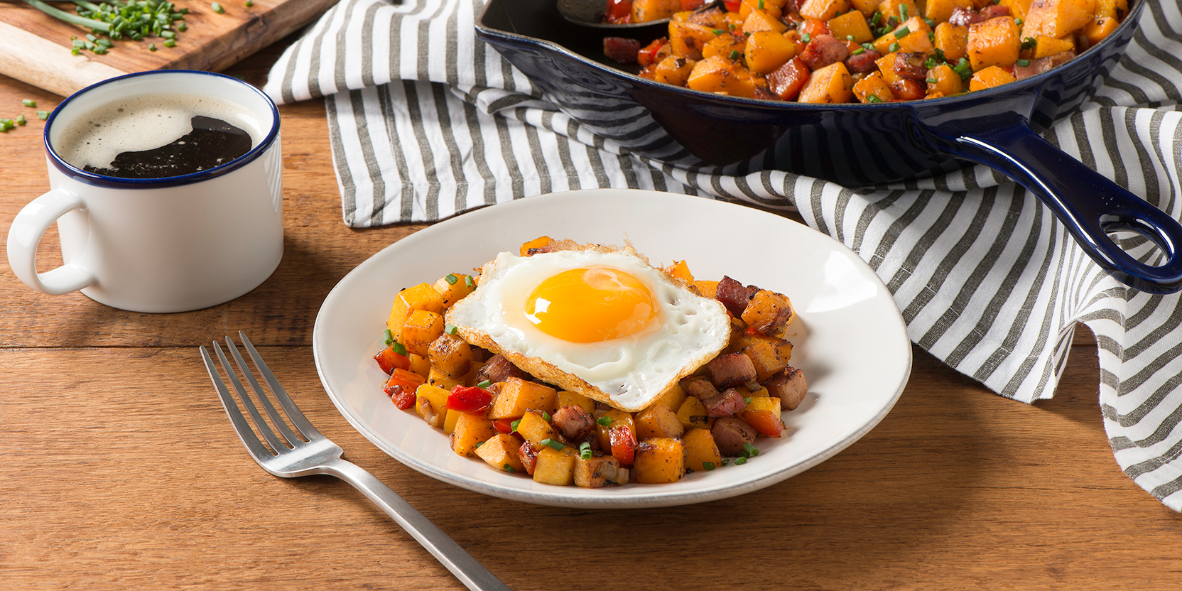 Butternut Squash and Shallot Hash with Fried Eggs - Eggs.ca