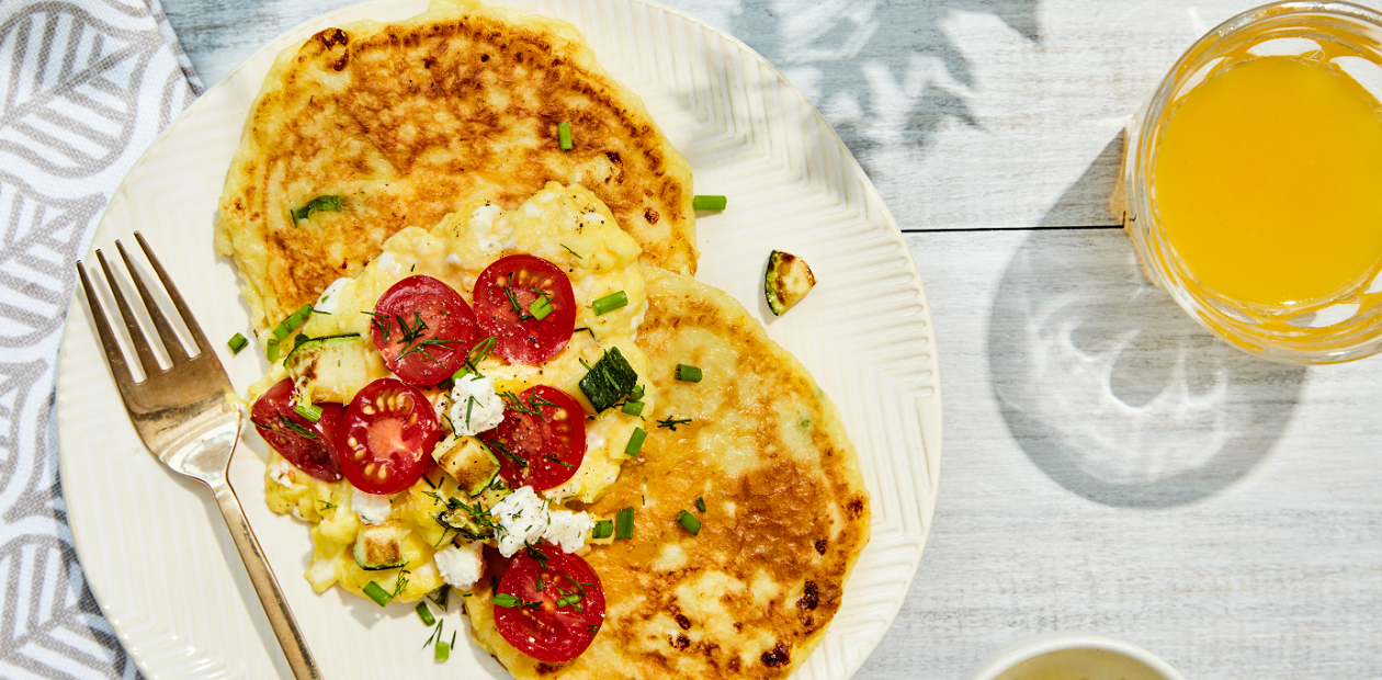 Cottage Cheese Pancakes with Scrambled Eggs and Salsa - Eggs.ca