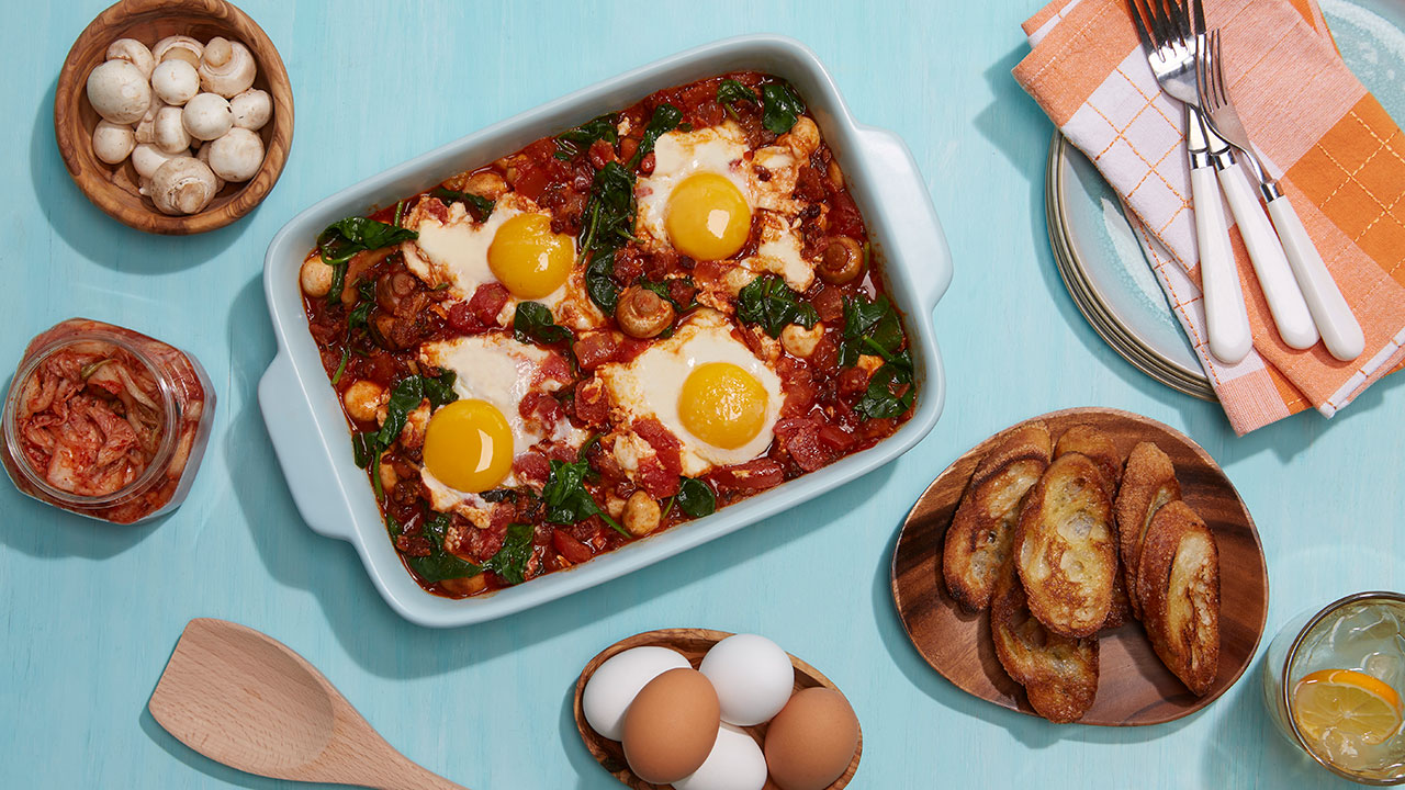 Savoury Egg Casserole with Mushroom, Bacon and Kimchi - Eggs.ca