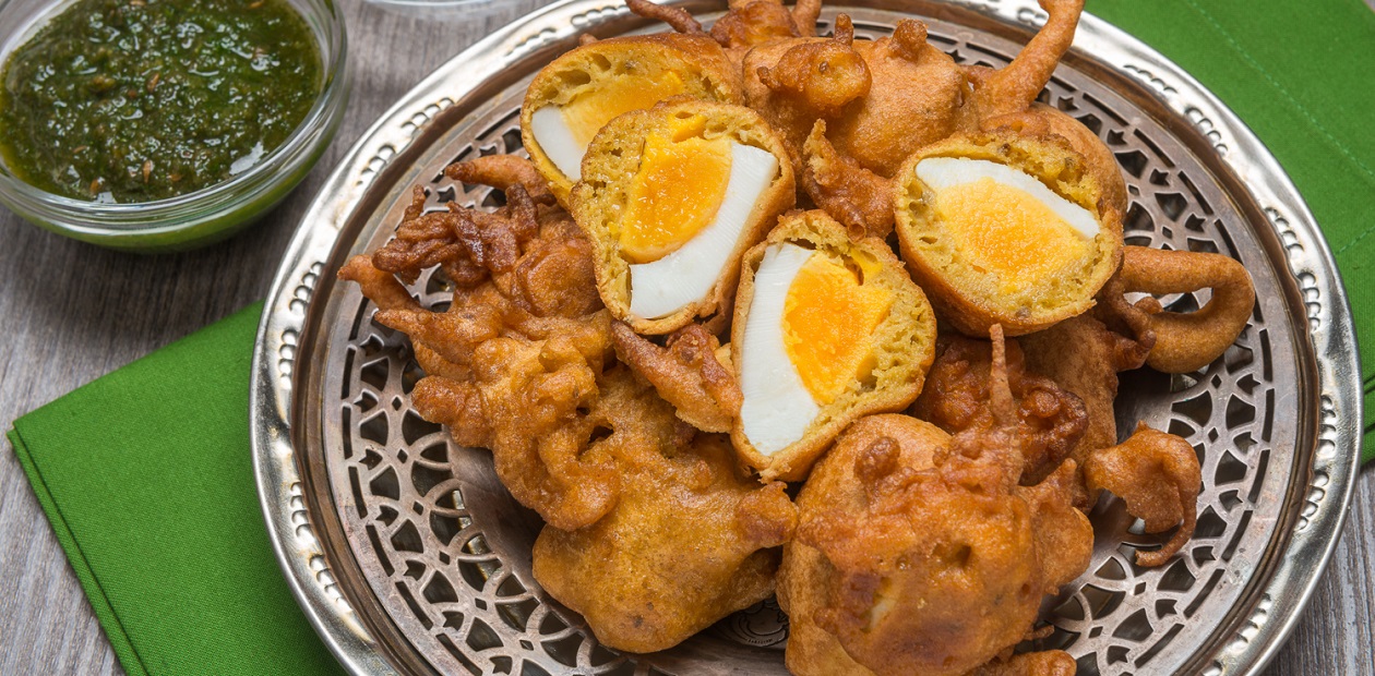 Egg Tikka Pakoras with Coriander Mint Chutney