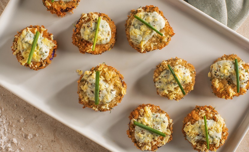 Fried Eggplant with Yogurt and Smoked Egg Yolk - Eggs.ca