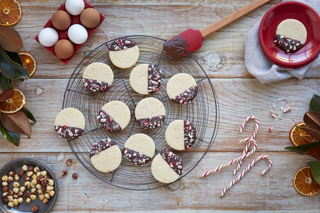 Peppermint Chocolate Dipped Hazelnut Shortbreads - Eggs.ca