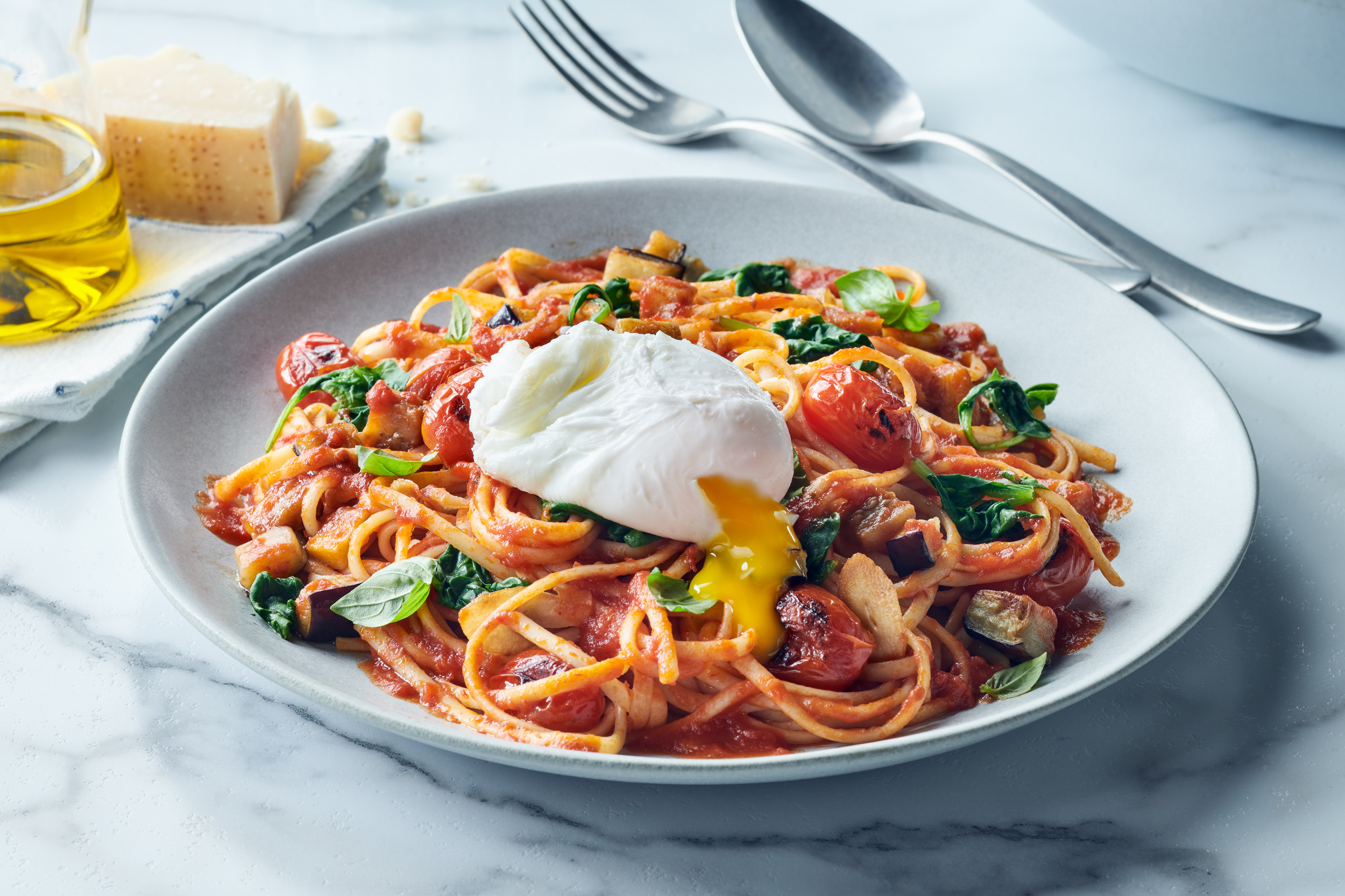 Linguine With Roasted Cherry Tomatoes, Spinach And Eggplant - Eggs.ca