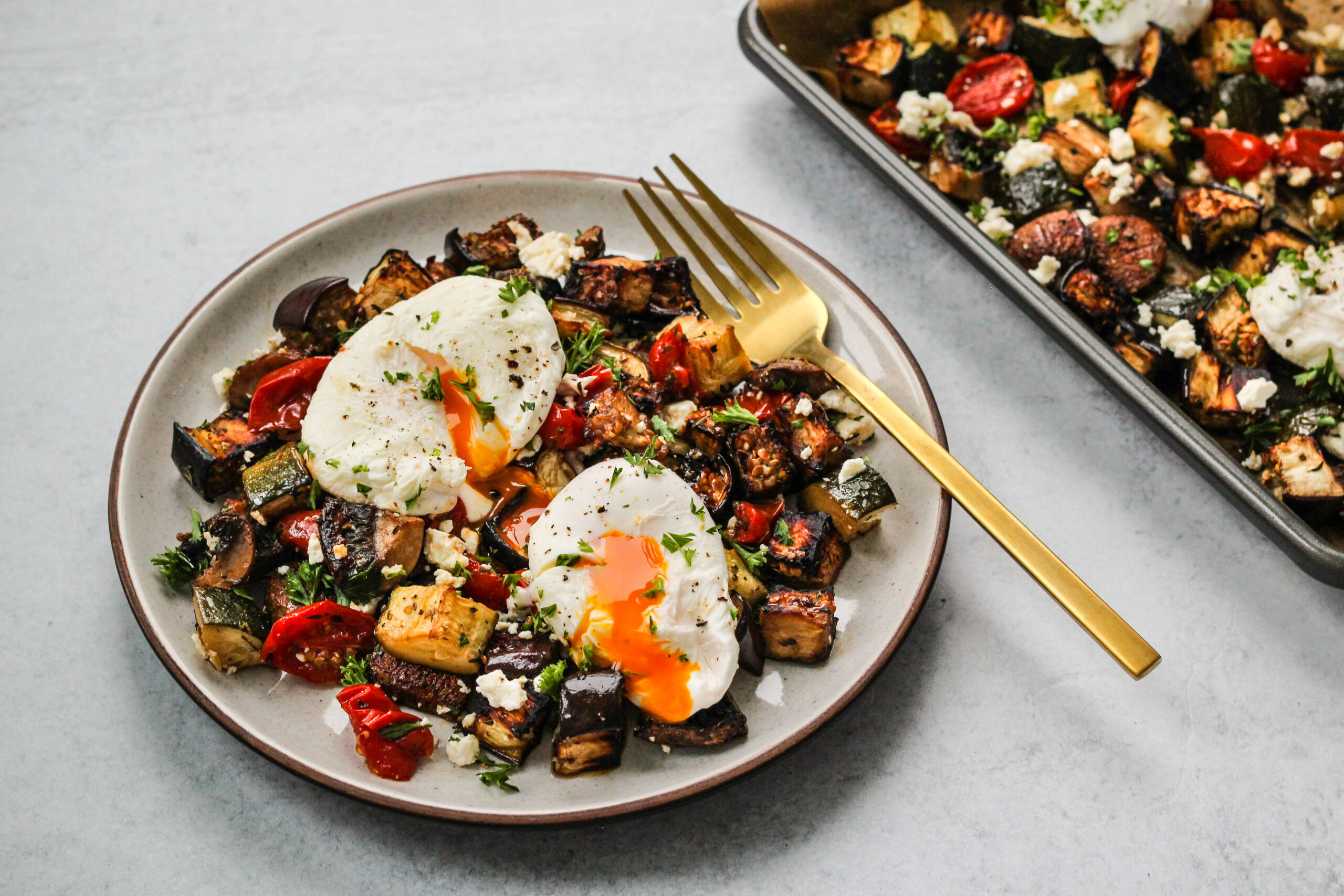 Roasted Mediterranean Veggies with Poached Eggs and Feta - Eggs.ca