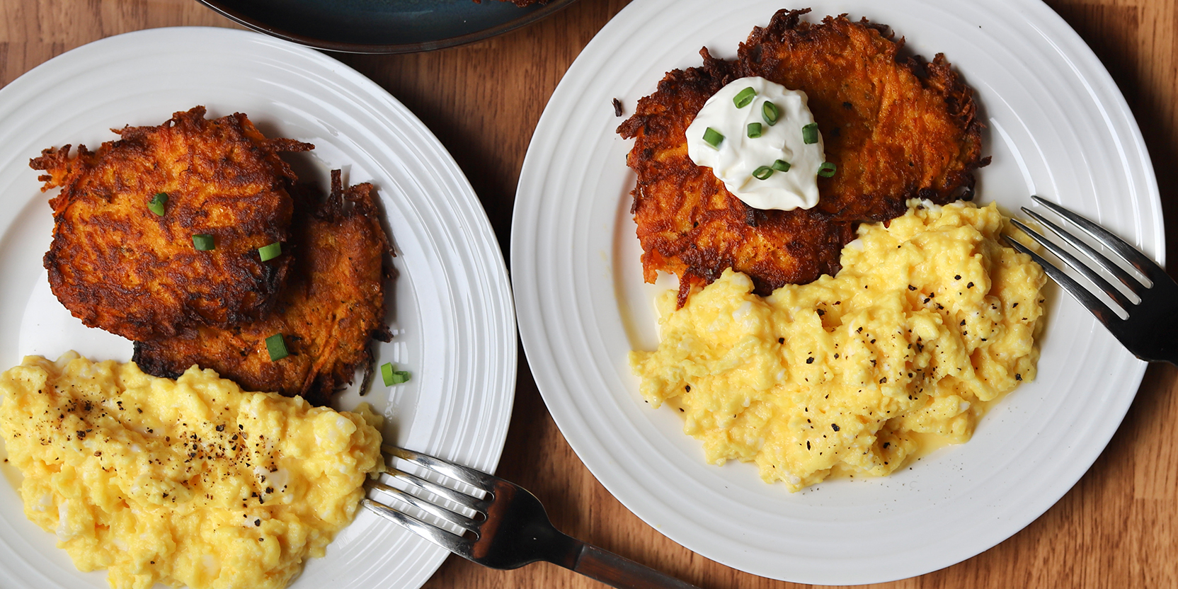 Sweet Potato Latkes with Soft Scrambled Eggs - Eggs.ca
